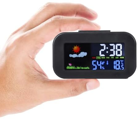 Maoskax Compact Size LCD Digital Alarm Clock Weather Bedside Clocks Time Date Temperature Humidity 12/24H Display Table Clock with Snooze Function for Home Bedroom Office Travel