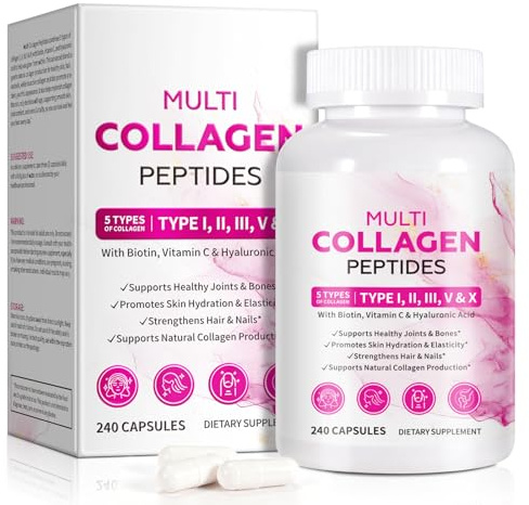 Collagen Peptides Supplements Capsules 240 Count – Multi-Source Hydrolysed Collagen Types of (I II III V X) with Biotin, Vitamin C & Hyaluronic Acid – Supports Skin, Hair, Nails & Joint Wellbeing