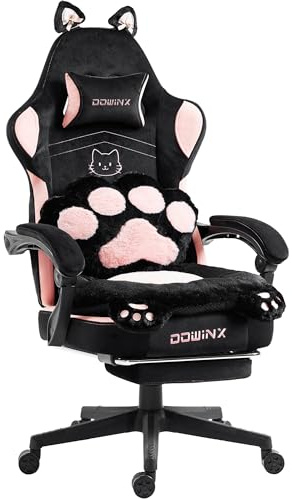 Dowinx Gaming Stuhl Ergonomisch mit Fußstütze, Katzenpfoten Gaming Chair aus Stoff, Flügelloses Sitzdesign, Verstellbarer Gamer Stuhl & PC Stuhl, Gaming Stuhl rosa Katze, für Erwachsene,rosa schwarz