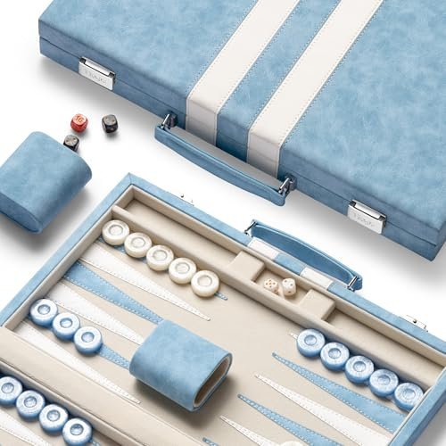 Lingle 15inch Backgammon Sets for Adults, Classic Board Game with Folding Leather Backgammon Case, Faux Leather Exterior and Velvet Interior, Portable Travel Game Set (Light Blue)
