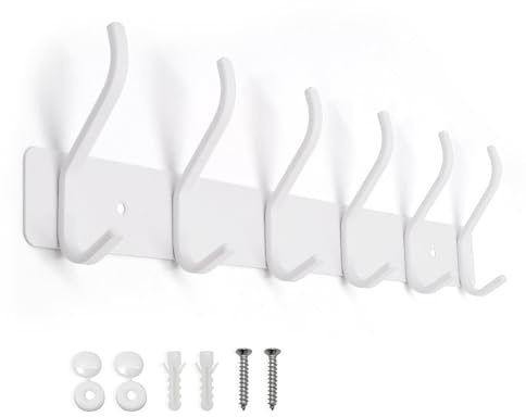 AJLTPA Coat Hooks Wall Mounted, Heavy Duty Coat Rack, 6 Double Hooks Metal Coat Rail, Matte White Coat Pegs for Hanging Clothes, Hat, Bags, Towels, Space Saving Organizer for Modern Home