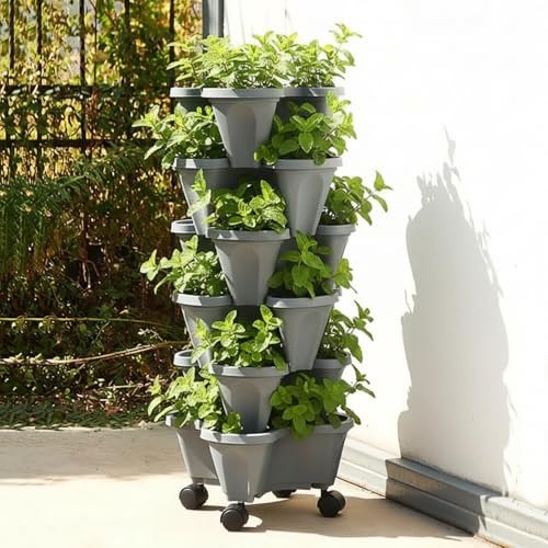 Generisch Pflanzturm Für Gemüse 6-stöckig Mit Rollen - Stapelbares Vertikales Garten System | Ideal Als Erdbeerturm & Kräuterturm Für Terrasse & Balkon, Robust & Platzsparend