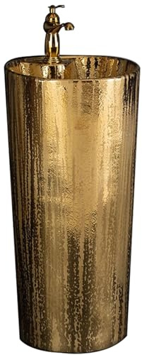 LQAIomn Fine Fixtures Gold Ceramic Column Bathroom Sink, Elegant One Piece Pedestal Sink, Modern Freestanding Round Art Wash Basin, Single Faucet Hole, No Ove