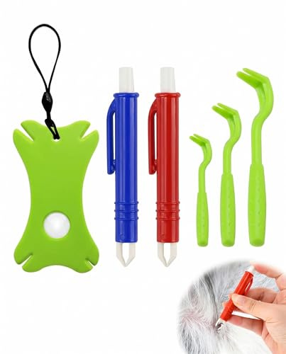RAMGLYO Set 6 Piezas Removedor de Garrapatas Plástico Resistente para Humanos y Mascotas con Pinza, 3 Ganchos y Tarjeta. Extracción Rápida, Segura y Completa en Perros, Gatos, Niños.
