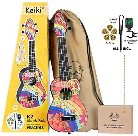 Ortega Guitars Sopran Ukulele Akustisch – Keiki K2 Series – Inklusive Zubehör – Agathis, ABS, Peace ‘68 (K2-68)