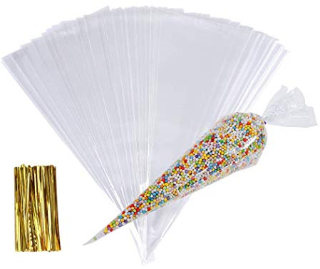 JUHONNZ Godispåse, 100 st transparent kon plastficka AVCE 100 tvinnade slipsar, cellofan förpackning för godis, kaka, gåvor, väska för bröllop och fest, 16 x 30 cm