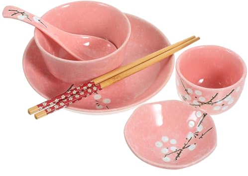 6PCS Japanische Style Bowl- Set Küchenkeramik- Ramen- Schüssel- Set mit Essstäbchen Löffeln Und Pausen Rosa Porzellannudelschale für Udon Salat Suppe