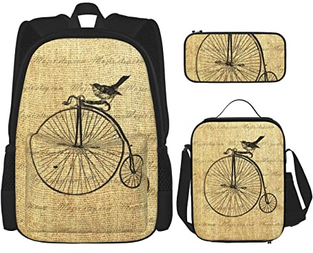 Set di 3 zaini con grazioso motivo vintage a forma di bicicletta con, borsa portapenne, portapranzo, per uomini, donne, ragazzi e ragazze.