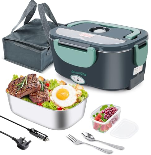 Dosevita Electric Lunch Box 80W 1.5L Heated Lunch Box 12V/24V/230V 3-in-1 Portable Food Heater with Insulated Lunch Bag Spoon and Fork Suitable for Car Truck Office Home (Green)