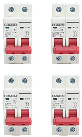 4 Stück 1000V DC Leitungsschutzschalter Hutschiene 10A C10 2P Überlastschutz Luftschalter Sicherungsautomat für Wohnbeleuchtung Verteilerleitungen Solar PV Anlage