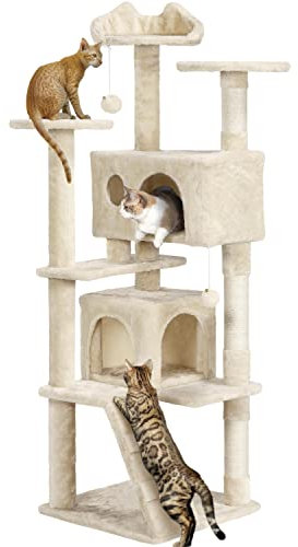 Yaheetech Cat Tree, 158cm Cat Tower with Scratching Post, 2 House and Dangling Balls Pet Furniture for Indoor Kittens, Beige
