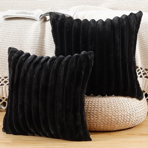 Madizz Set of 2 Faux Fur Decorative Cushion Covers 18x18 inch, 45x45 cm, Black Soft Couch Throw Pillows for Bed Modern Pillowcases for Sofa Livingroom Home Decor