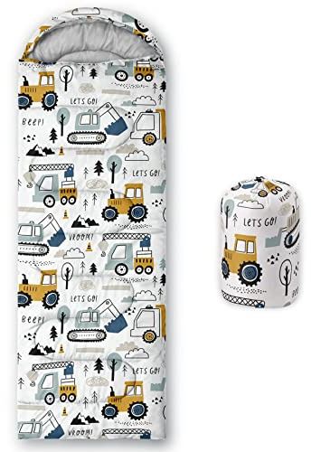 Datura home Kids Sleeping Bag for Boys Girls,Construction Truck Print-Lightweight Warm Portable Outdoor Indoor-Waterproof Cold Weather Resistant Sleeping Bag for Camping Hiking(Truck)