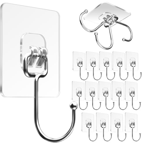 Large Adhesive Hooks for Hanging Heavy Duty Wall Hooks 22 lbs Self Adhesive Towel Waterproof Transparent for Bags Bathroom Shower Outdoor Kitchen Cups Door Coat Sticky Hooks (Transparent, 16pcs)