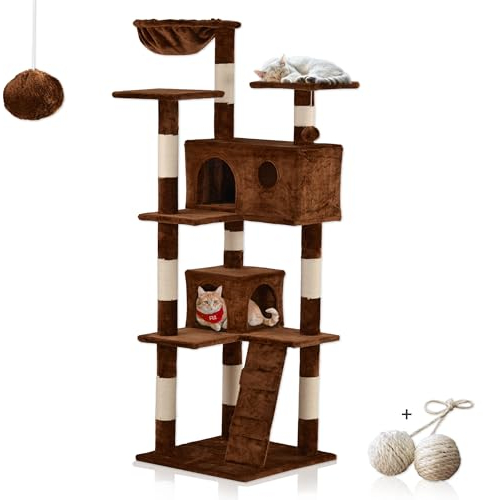 Rohrschneider Kratzbaum Marley | Katzenbaum mit Katzenhöhlen und Katzenkuschelnest | Sisal und Plüsch | 50 x 50 x 150 cm (Braun)