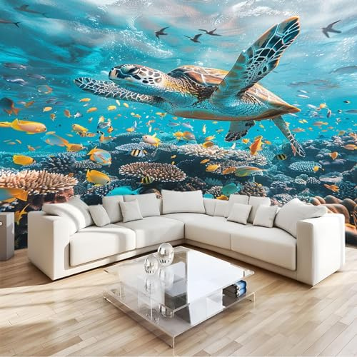 Photo Wallpaper Sea World Sea Turtles Wallpaper Murals for Walls, Kids Children Bedroom Nursery Wall Mural Wall Decoration Paper Poster W350 x H256 cm
