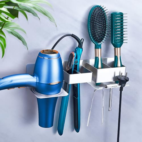 GGQ Föhn und Glätteisen Halterung, Edelstahl Glätteisen Halterung Wand Ohne Bohren Föhnhalter, Silber Fönhalter, Föhn Halterung Wandhalterung, Selbstklebend Haartrockner Halterung Aufbewahrung für Bad