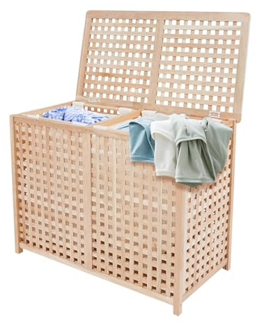 Cesto para la ropa de madera con 2 compartimentos, clasificador vertical de 89 x 46 x 67 cm, organizador de lavandería, para baño y dormitorio