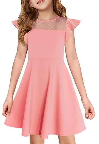 Haloumoning Prinsessklänning med volanger för flicka - I stickning - För bröllop, årsdag, fest - Med ficka, rosa, 150 cm