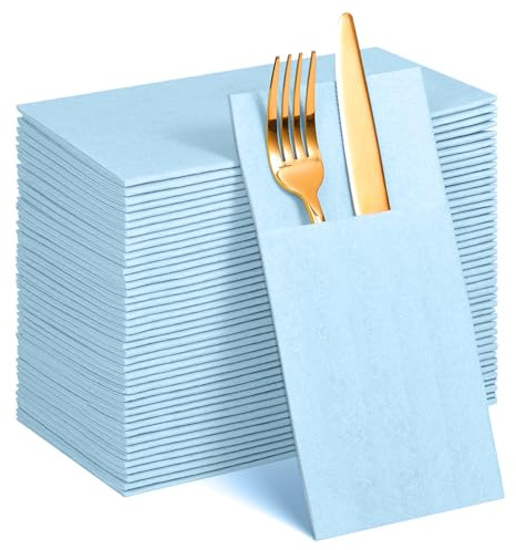 Lot de 60 serviettes en papier bleu clair au toucher lin avec poche à couverts intégrée, serviettes en lin pré-pliées en tissu pour argenterie, mariage, fête prénatale, anniversaire, fête prénuptiale