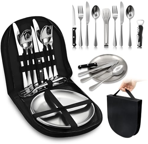 12Pcs Portable Camping Cutlery Set, Stainless Steel Picnic Utensils with Plates and Bottle Opener, Portable Cooking Utensils for 2, for Camping, Picnic, Outdoor Hiking