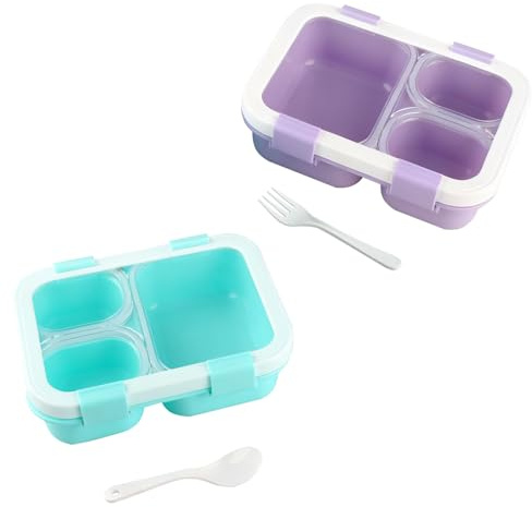 Doafoce 2 Piezas Fiambrera con 3 Compartimentos y Cubiertos Bento Box 850ml Lunch Box Infantil y Adultos Lonchera a Prueba de Fugas para Escuela Trabajo Picnic, sin BPA, Apta para Microondas