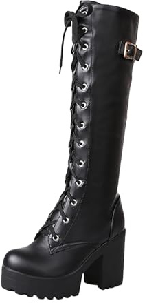 Xbemkste Bottes à plateforme pour femme - Avec talon - Bottes à lacets avec boucle latérale - Bottes de motard gothiques à talons hauts - Bottes hautes pour femme, Noir , 40 EU