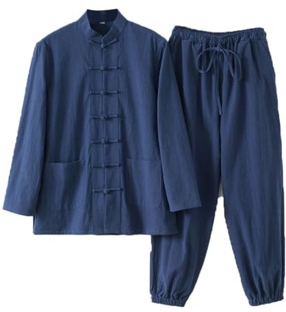 Cotton Linen Tai Chi Uniform Kung Fu Suit ChineseTraditional Clothing Tang Suit Men Martial Art Jacket blue-3XL