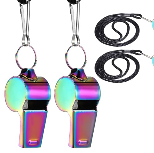 Skrfren 2 PCS Coach Whistle with Lanyard, Colorful Coach Whistle Stainless Steel Metal Teacher Whistles, Loud Crisp Sound Whistles for Teachers, Referees, Emergency and Official