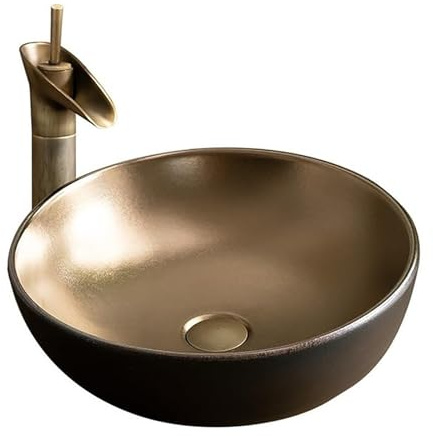 Vasque Vasque en Céramique Dorée, 43 cm, avec Bonde Clic-clac, Vasque à Poser, pour Salle D'Eau ou Meuble-lavabo
