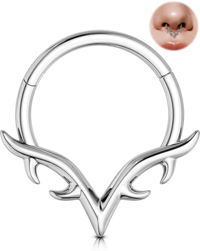 OUFER 16g Gold Septum Ring, V Shape Septum Jewelry, Blade Wings Hinged Segment Clicker, 316L Surgical Steel Daith Earring Hoop, Silver Nose Helix Daith Tragus Conch Piercing Jewelry for Women 8/10 mm