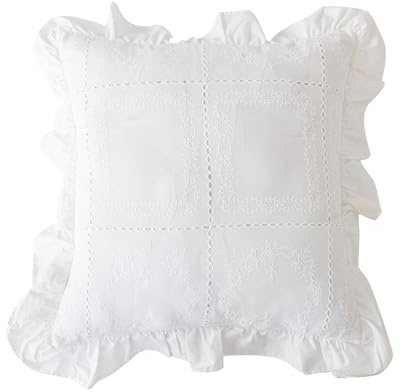 Funda de Cojín Decorativa Blanca con Volantes y Bordado Ojal - 45x45 cm Estilo Vintage Shabby Chic para Sofá, Cama o Dormitorio Cremallera Invisible Lavable a Máquina(White-b,45x45cm -2pcs)