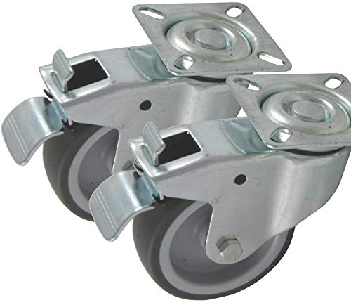 2 Apparaterollen Rad aus Gummi grau hellgrau, Rad-Durchmesser 50 mm, als Schwenkrolle Lenkrolle mit Bremse für Möbel (50 mm)