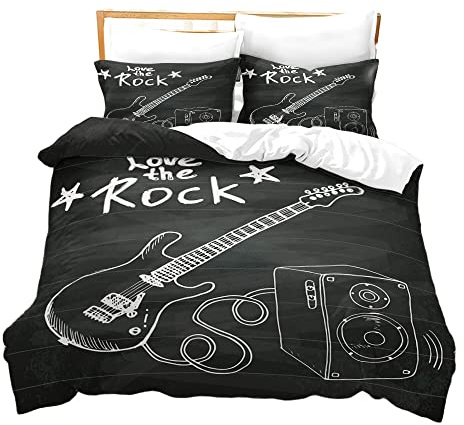 Ropa de Cama de Rock and Roll Gente Eléctrico Guitarra Funda Nórdica 3 Piezas, Juego de Funda de Edredón Música Funda de Nórdica y 2 Fundas de Almohada Todo el año (Negro,Cama 105 (200 x 200 cm))
