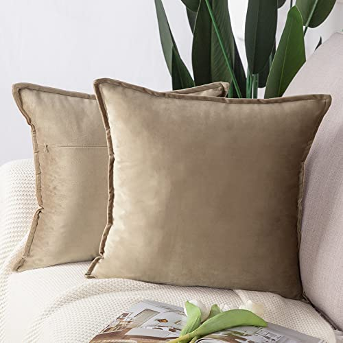 Madizz 2er Set Samt Dekorativ Zierkissenbezüge Luxus Stil Kissenbezug für Sofa für Schlafzimmer Hellbraun 50x50 cm Quadrat