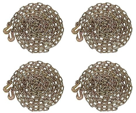 Mytee Products (4 Pack) 1/4 x 20' Transport Binder Chain Grade 70 with Grab Hook - 3150 LBS WLL Transport Binder Tow Chain with Hooks - Towing Equipment - Gold Chromate