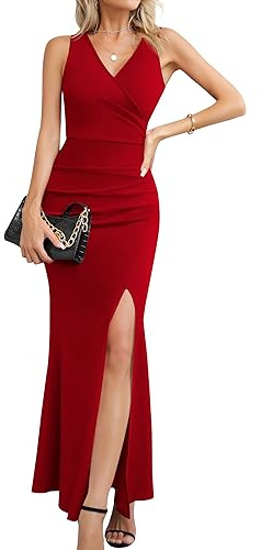 Laughido Robe de Cocktail, Longue, Porte Feuille, Moulante, élégante, pour Femmes, fête, été Festive, soirée de Mariage, Rouge, XL