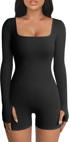 HSAJS Jumpsuit Damen Langarm Gerippter Kurz Eng Yoga Bodysuit Overall mit Eckigem Ausschnitt Stretch Bodycon Romper Sportanzug Einteiler Hosenanzug Trainingsanzug