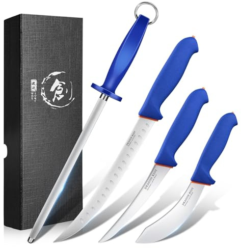 DRAGON RIOT Fleischmesser Set extrem Scharf, Kochmesser Set Enthält ein Ausbeinmesser Profi, ein blaue fleischmesser, ein Metzgermesser und einen Wetzstahl, Messerset für Fleisch und BBQ