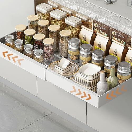 ASelected Pull Out Cabinet Organiser,42 to 68 CM Extendable Kitchen Storage Drawer Shelf with Adhesive Film,Slide out Cabinet Organizer Drawer Storage for Kitchen,Living Room,Home,White