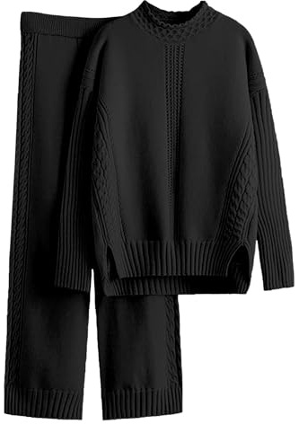 Meaunzyl Completo Lana Donna Complete Tailleur In Maglia Girocollo Maglia a Maniche Lunghe Pullover Top Elastico In Vita Pantaloni a Gamba Larga Moda Completi Tuta Abbigliamento Per La Casa