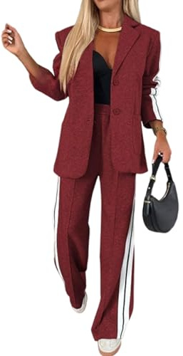 Nbzsmlkn 2 Piece Casual Set with Blazer and Joggers for Women,Women's Lapel Long Sleeve Casual Suit,Oversized Jacket Wide Leg Pants Suits Notch Lapel Loose Fit Sets (Wine Red,L)