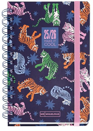 Miquelrius - Skolkalender 2025 2026, planerare från september till augusti, storlek 123 x 178 mm, veckovisning, dubbel spiral, klistermärken, fodrad kartong, gummiförslutning, katalansk-engelsk