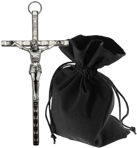 Lunexus Wandkreuz Metall 11 cm Silber - Gesegnetes Metallkreuz mit INRI Gravur - Katholisches Kruzifix für Wand & Tür - Christliches Kreuz für Schlafzimmer, Hausaltar, Wohnraum - Mit Samtsäckchen