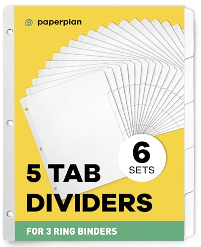 Binder Dividers with Tabs - (Set of 6) x 5 Tab Dividers for 3 Ring Binders, White, Reinforced Edge - Ideal for Keeping Your Documents Neat and Professional