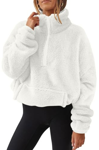 Yutdeng Oversized Half Zip Sweatshirts for Women UK Quarter Zip Fluffy Cropped Jumper Long Sleeve Teddy Fleece Jacket Tops Ladies Sweatshirt with Pocket without Hood White