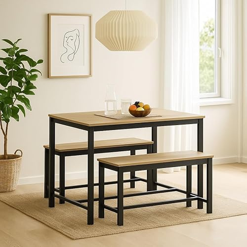 URBNLIVING 3-Piece Dining Table Set – Wooden Table with Sturdy Metal Frame & 2 Benches – Space-Saving Furniture for Kitchen, Dining Room, or Living Area - Oak