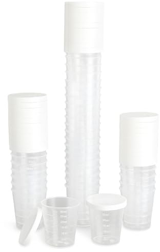 SLIAXINT 50 mini bicchieri con coperchio, 30 ml con scala di quantità, mini bicchiere con coperchio, misurino piccolo da 30 ml, in plastica, dosatore, dosaggio preciso per laboratorio, per uso