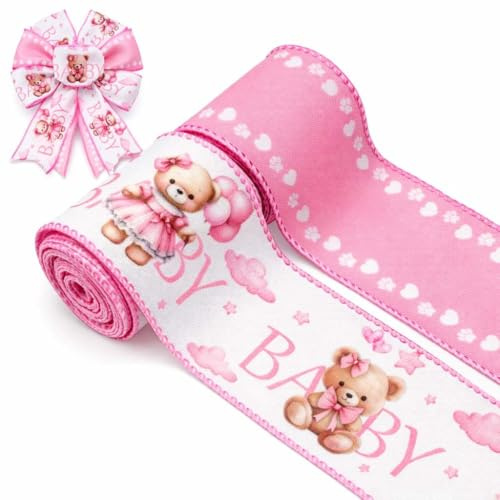2 Rollos 6.5CM Cinta De Satén Decoración Oso, Cinta De Raso Con Borde Alambre Para Recién Nacidos, Baby Showers Y Cumpleaños, Ideal Para Regalos, Lazos, Coronas Y Fiestas, Rosa
