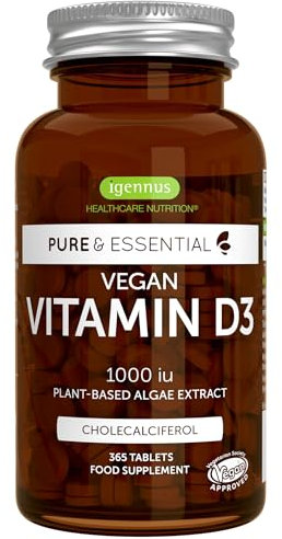 Pure & Essential Vitamina D3 Vegana 1000iu Colecalciferolo fornitura per 1 anno| Estratto naturale e vegetale di alghe | 365 compresse